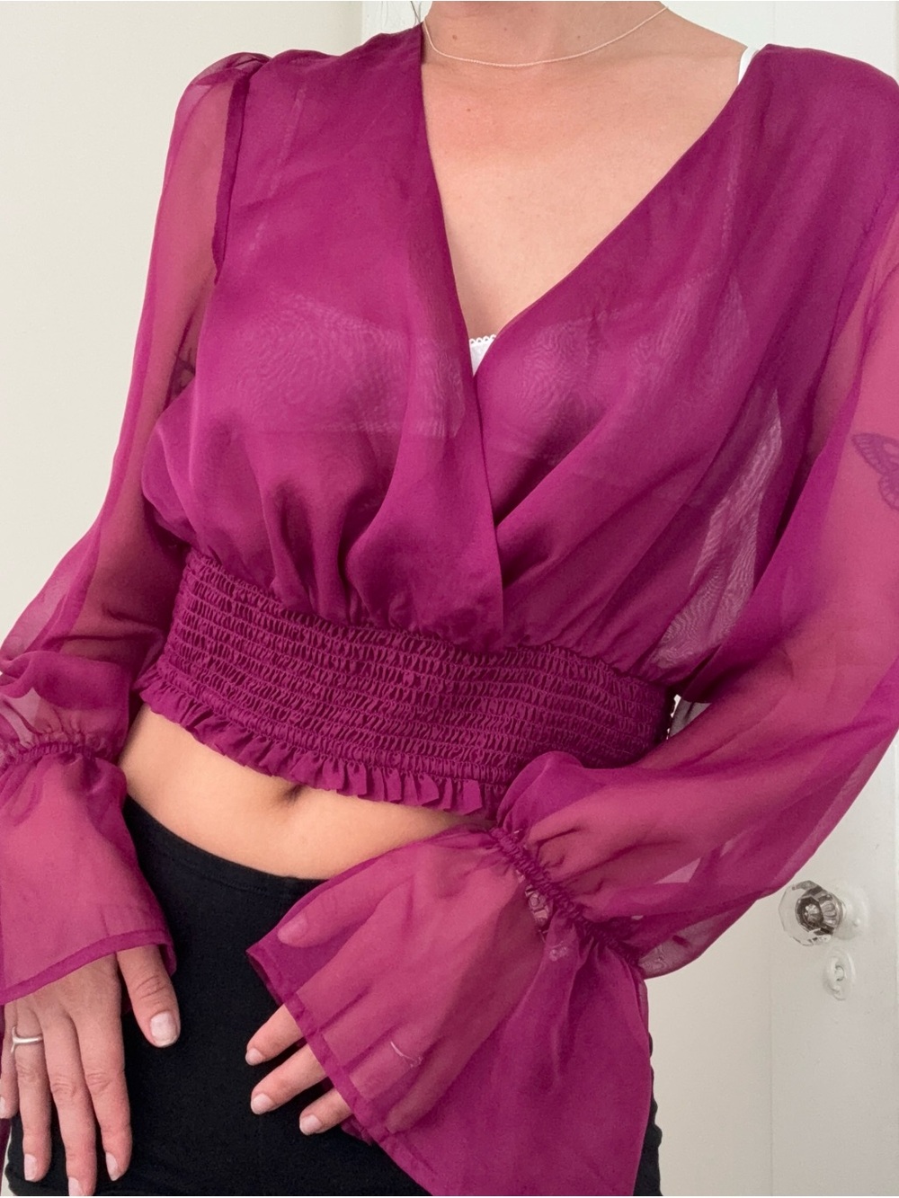 Vintage bebe Sheer Magenta Wrap-Style Blouse with Smocked Waist